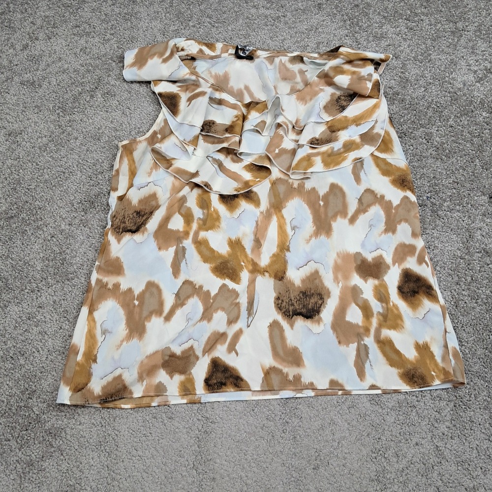 Milano‎ Womens XL Abstract Watercolor Ruffle Neck Sleeveless Blouse Tan 7206